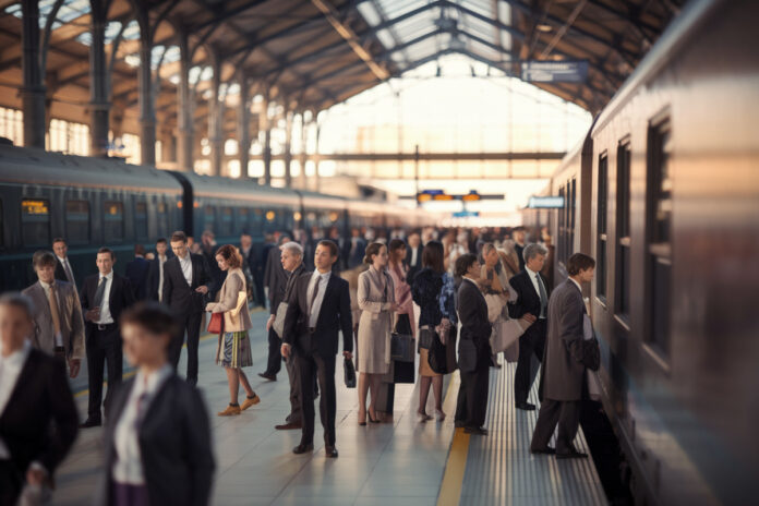 Passagers en attente sur un quai de métro parisien, panneaux informatifs visibles