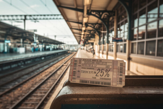Train en gare avec passagers consultant tarifs réduits sur téléphone