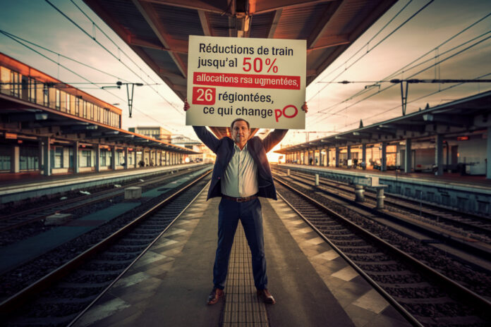 Train en gare avec passagers montant à bord, affichage tarifs réduits
