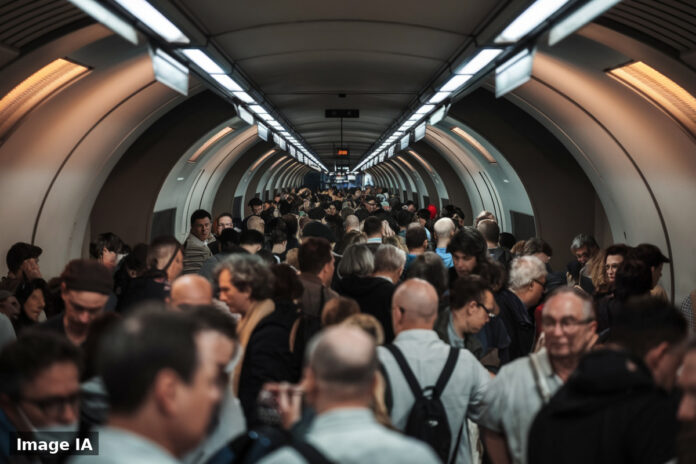 Quais de métro bondés avec panneaux d'information annonçant les perturbations de transport.