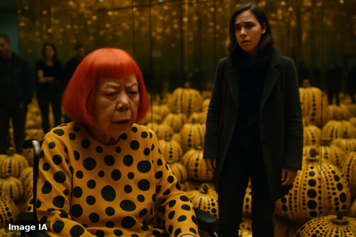 Yayoi Kusama entourée de ses célèbres potiches à pois blanc et noir.