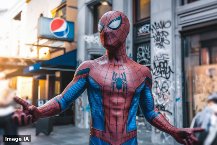 Spider-Man en costume rouge et bleu devant écran géant affichant chiffres box office.