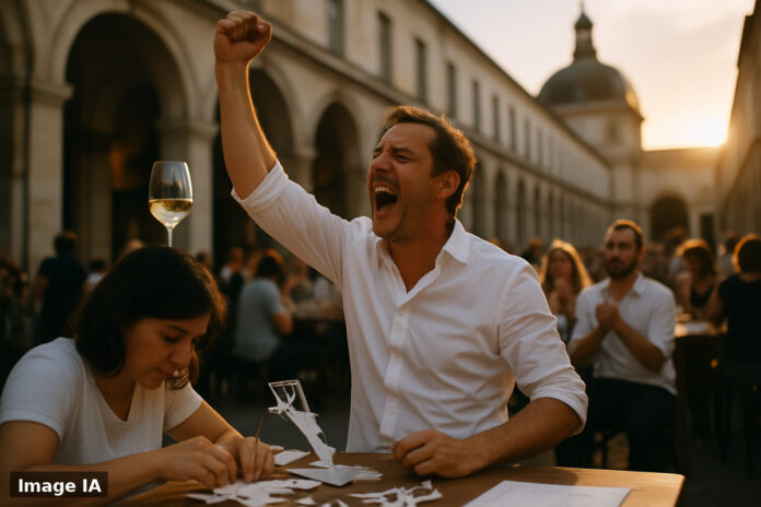 Participants assemblant des bouteilles de vin blanc au Grand Hôtel-Dieu de Lyon lors de Rhône in White.