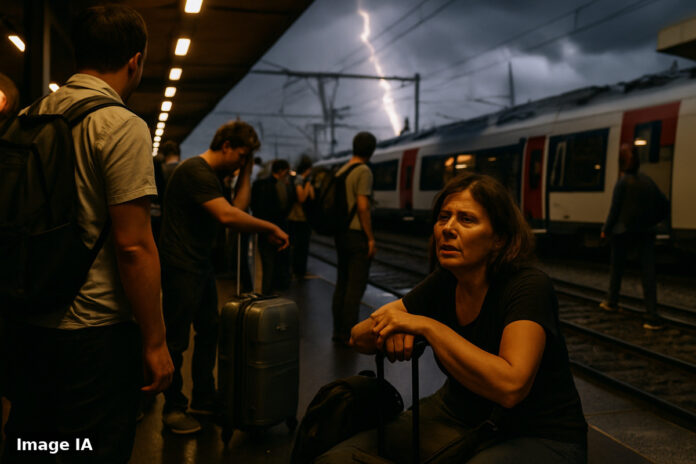 Rames SNCF immobilisées sous orages violents, gares bondées d'Île-de-France paralysées.