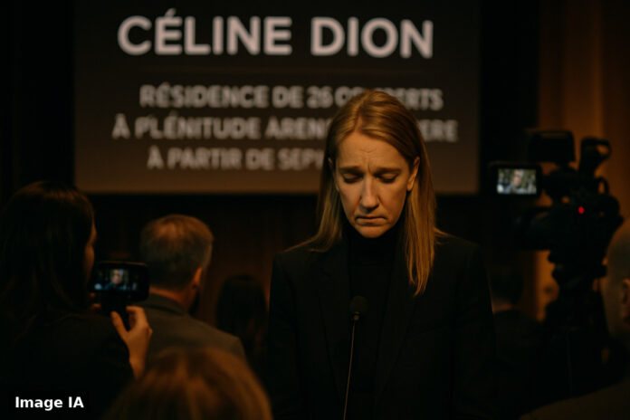 Céline Dion souriante sur scène de la Plenitude Arena de Nanterre devant public.