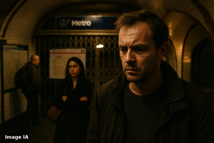 Station de métro parisien avec panneaux d'information annonçant fermetures lignes 6 et 13.